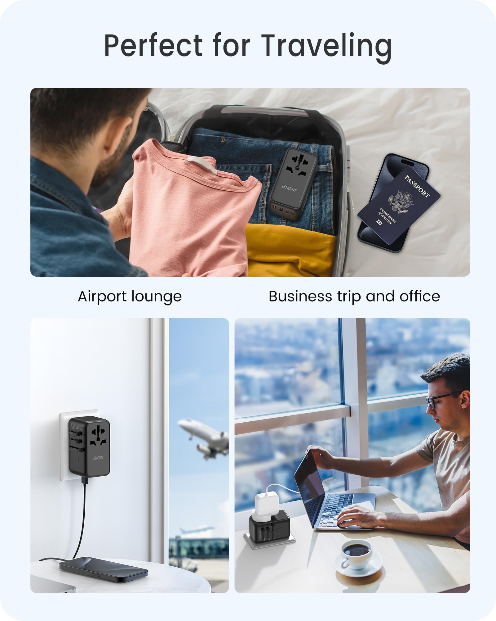 LENCENT Adaptador Universal de Viaje, GAN III 100W Adaptador Internacional con 2 USB QC4.0&2 USB-C PD3.0 Carga Rápida, Cargador Mundial para Teléfono Móvil, Portátil, Negro