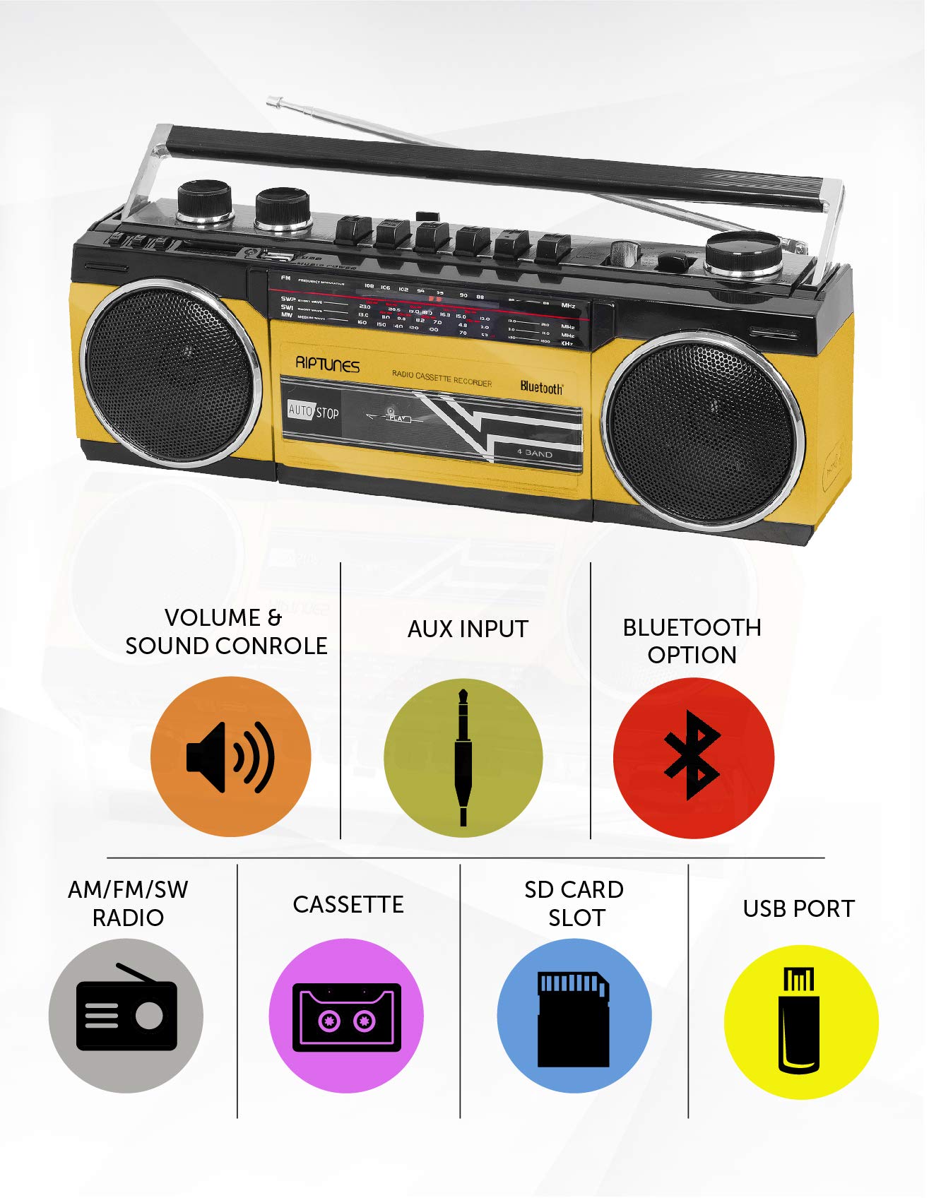 Reproductor Cassette Radio Onda Corta Riptunes Amarillo Mediano