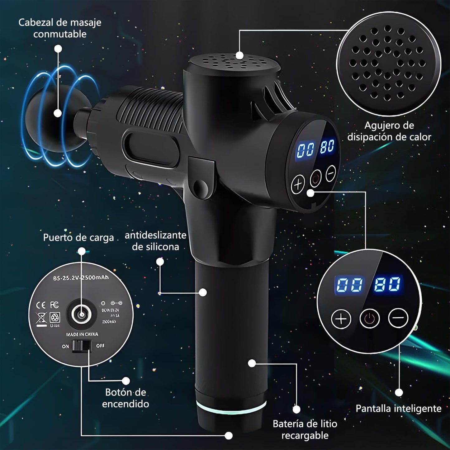 Pistola de Masaje Muscular,Masaje Eléctrico de Mano,30 Velocidades Ajustables，Masajeador Muscular de Tejido Profundo para Aliviar el Dolor,Masajeador de Espalda para Hombros,Cuello