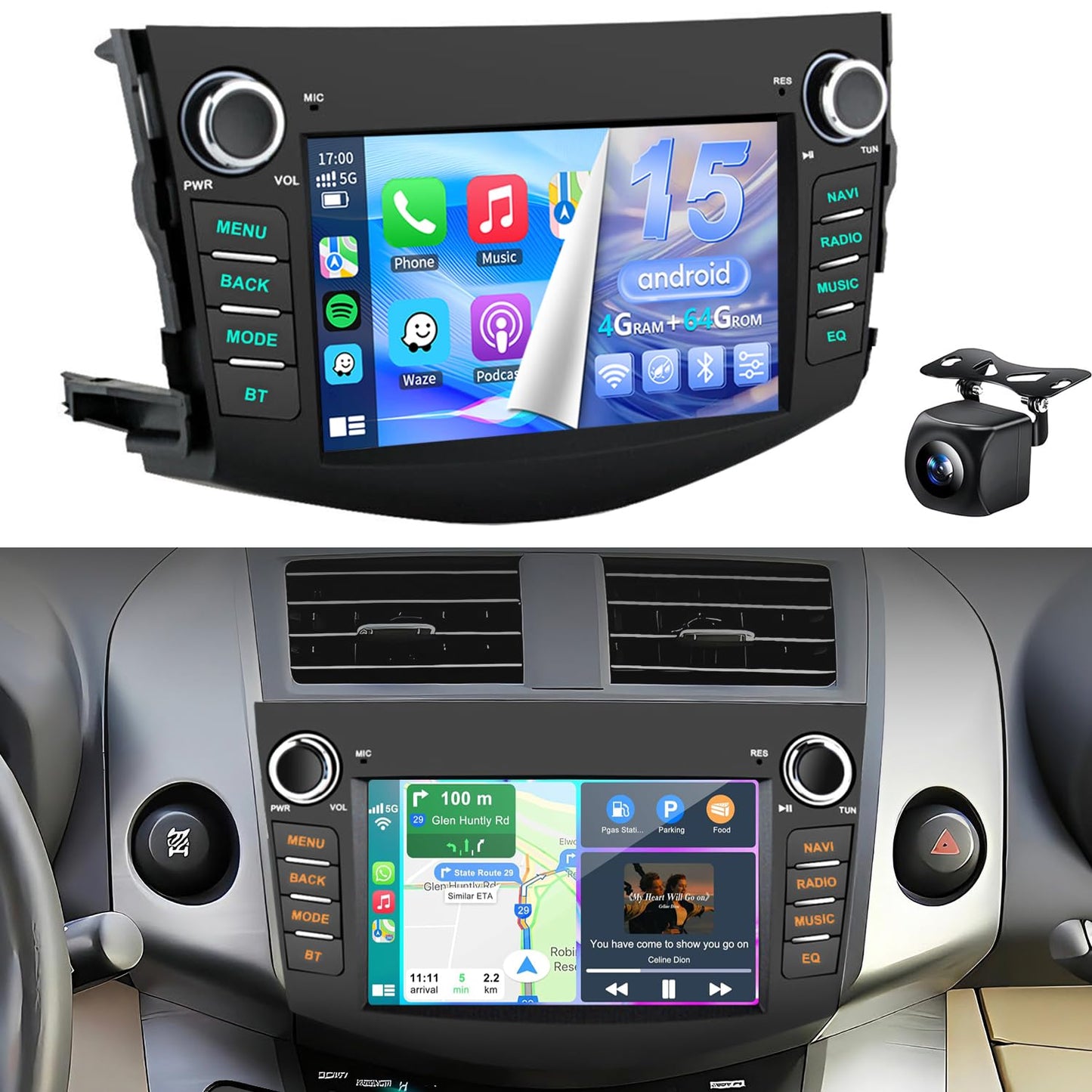 Radio estéreo de coche 4+64G para Toyota RAV4 2006 2007 2008 2009 2010 2011 2012 inalámbrico CarPlay Android Auto, visualización táctil estéreo GPS Navi WiFi, cámara de respaldo, botón físico FM