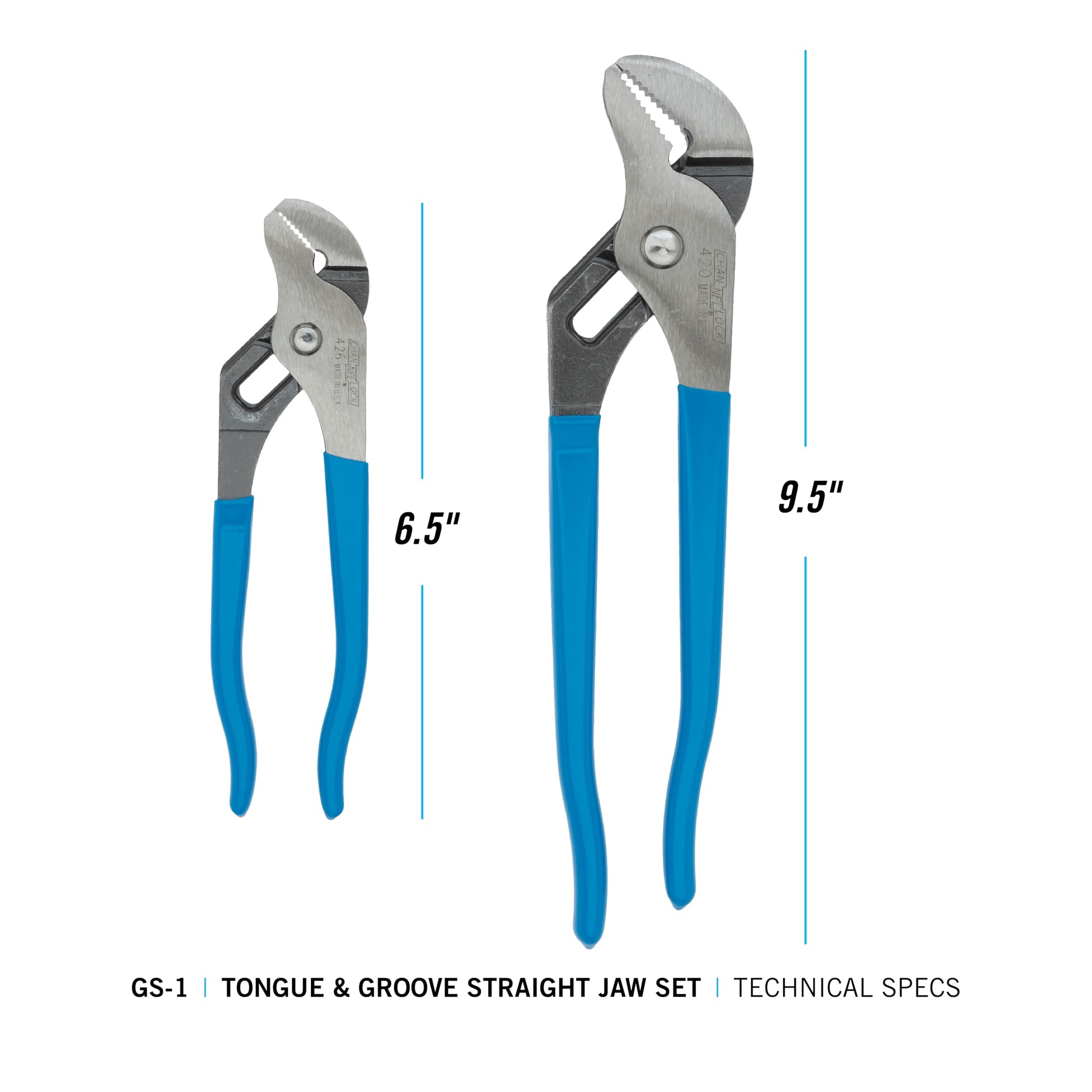 Channellock Juego de 2 alicates de lengüeta y ranura – 9.5 pulgadas, 6.5 pulgadas, alicates de junta de ranura de mandíbula recta | dientes de 90° tratados térmicamente con láser | Forjado de acero de alto carbono | Borde de refuerzo patentado que minimiz