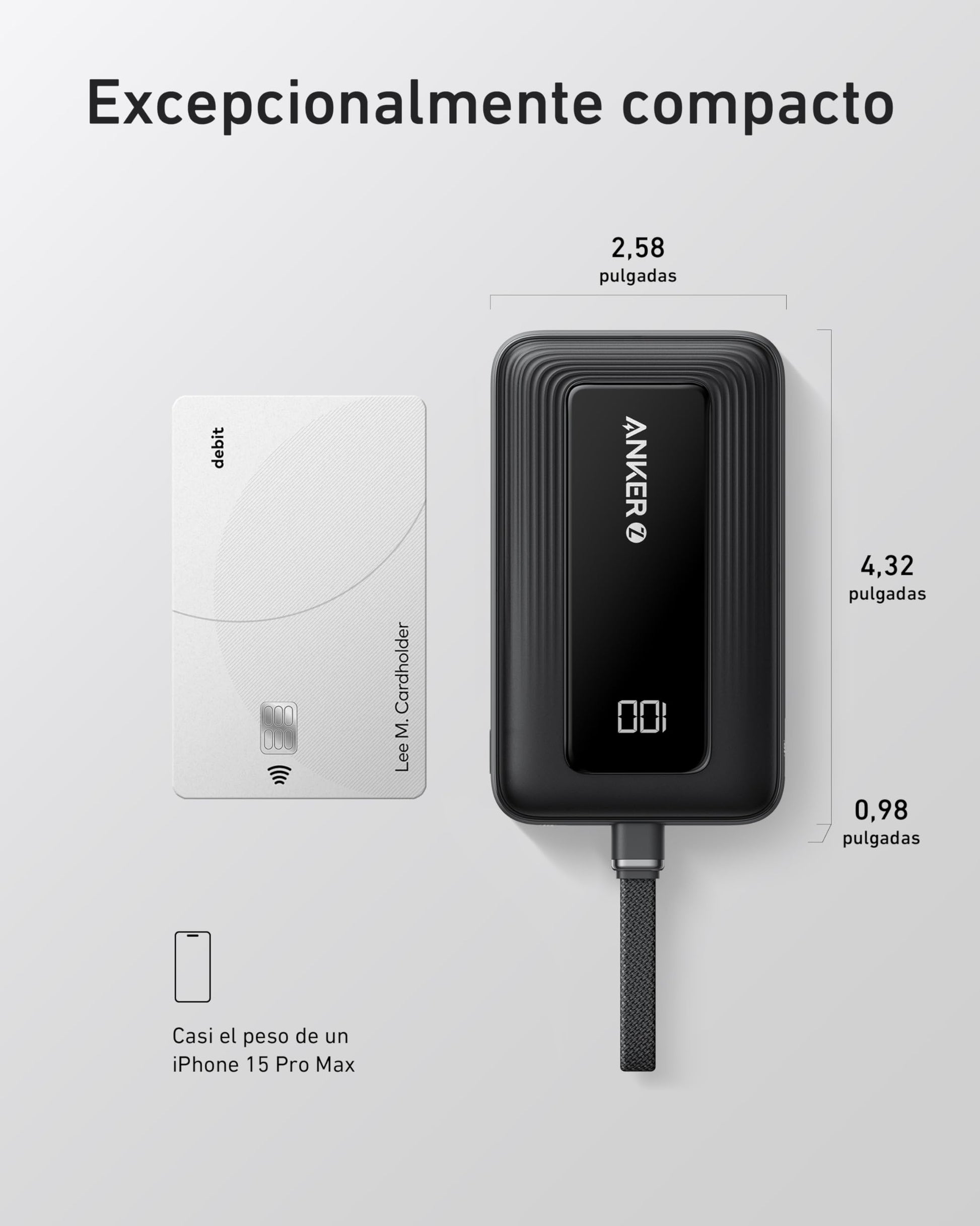 Power Bank Anker Zolo 10,000 mAh 30W con Cable USB C Integrado para iPhone, MacBook, Galaxy e iPad