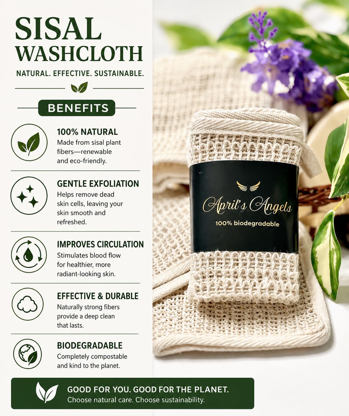 April's Angels Toallita de sisal 100% natural. Exfoliación suave para una piel más suave. Duradera y reutilizable para rostro y cuerpo. 100% biodegradable. Elimina las células muertas y la suciedad