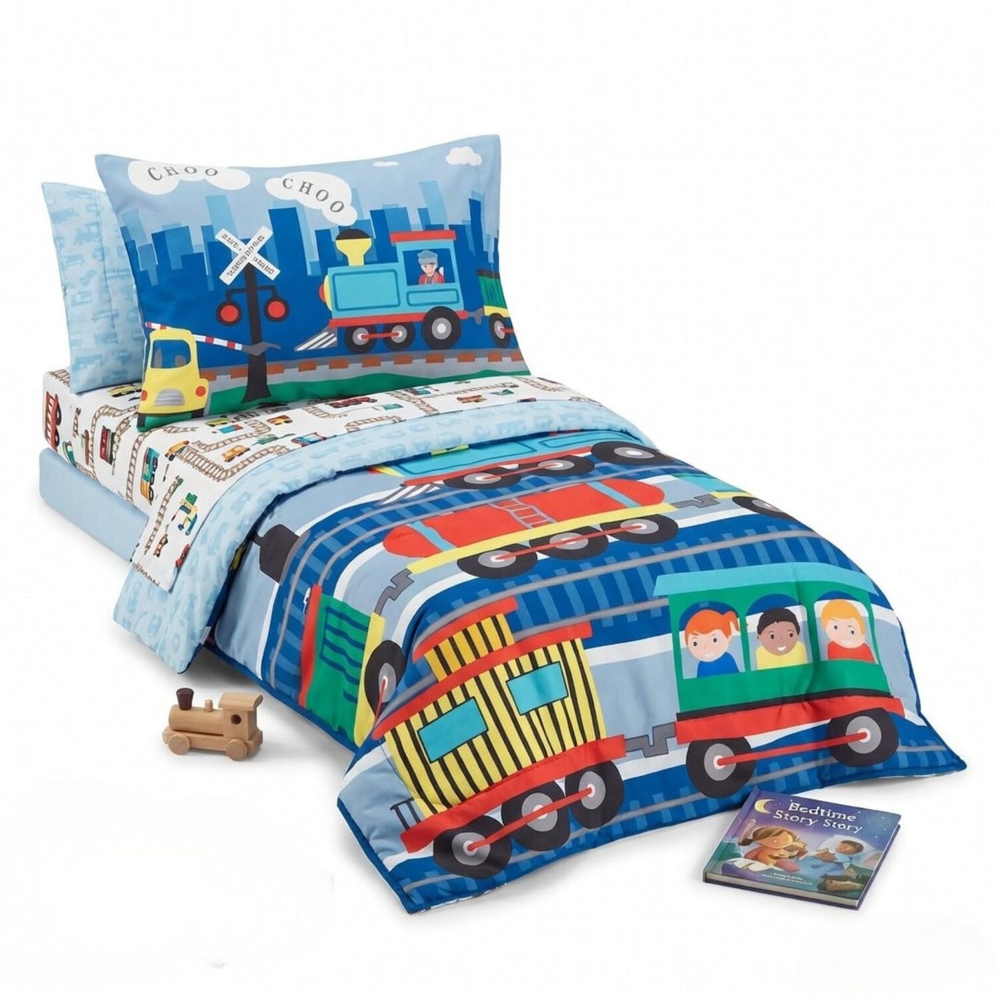 EVERYDAY KIDS Juego de cama infantil de 4 piezas -Trencito Choo Choo- Incluye edredón, sábana encimera, sábana bajera ajustable y funda de almohada reversible