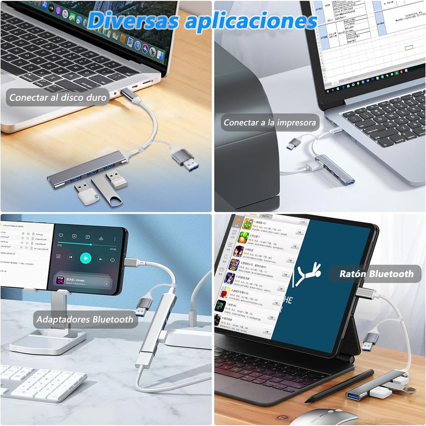 Adaptador USB C 4 en 2 Podero Ultradelgado con Hub USB 3.0 de 4 Puertos en USB A