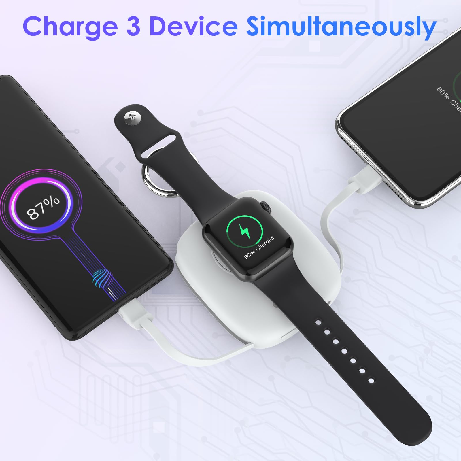 Cargador portátil pequeño de 5000 mAh, cargador inalámbrico iWatch con cable integrado, cargador de llavero de viaje para Apple Watch 9/Ultra2/8/Ultra/7/6/Se/5/4/3, iPhone 15/14/13/12/11, teléfono