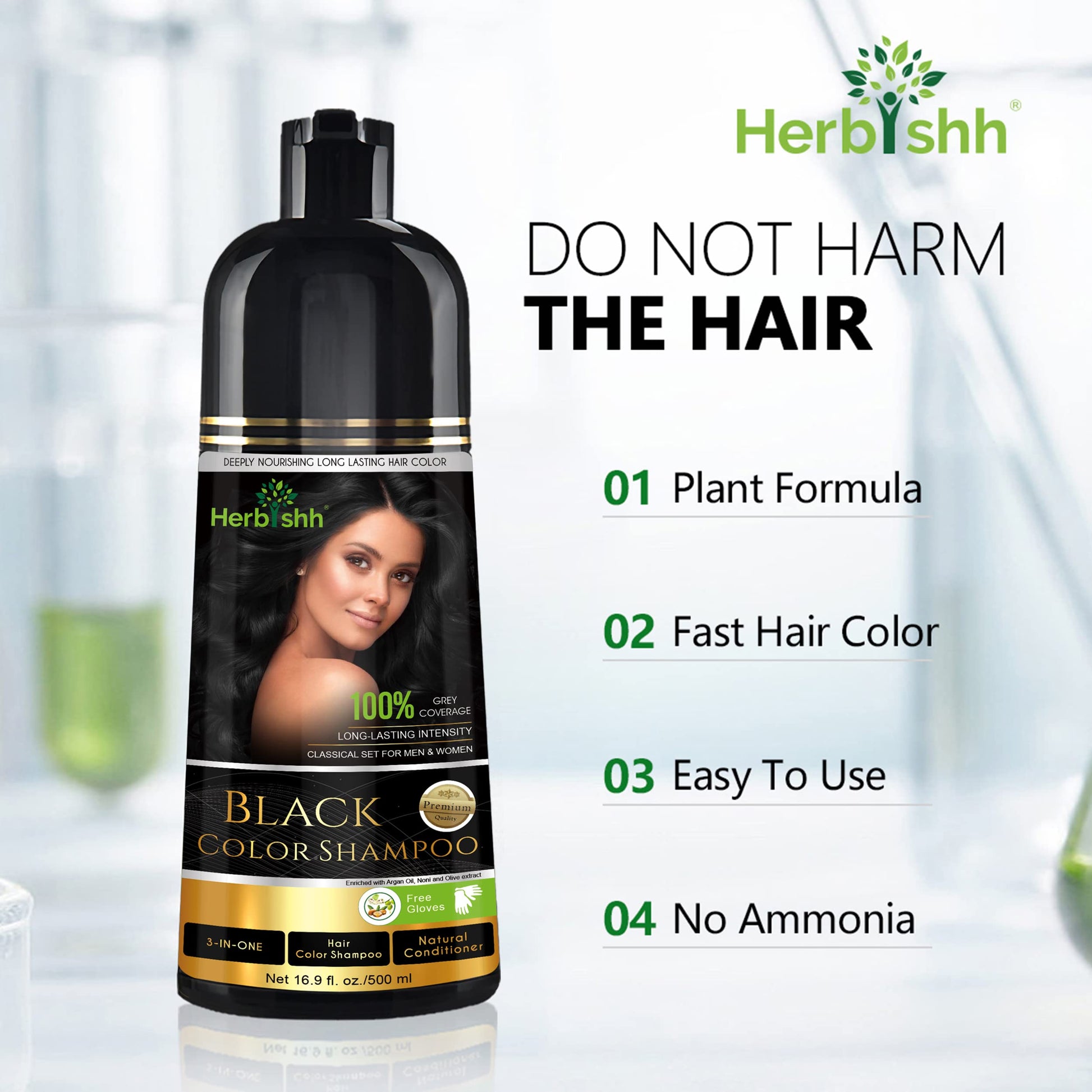 Herbishh - Champú colorante para cabello gris, champú con tinte natural para el cabello, colorea el cabello en minutos, dura hasta 3 o 4 semanas, 500 ml, tinte de cabello 3 en 1, sin amoniaco | (negro)
