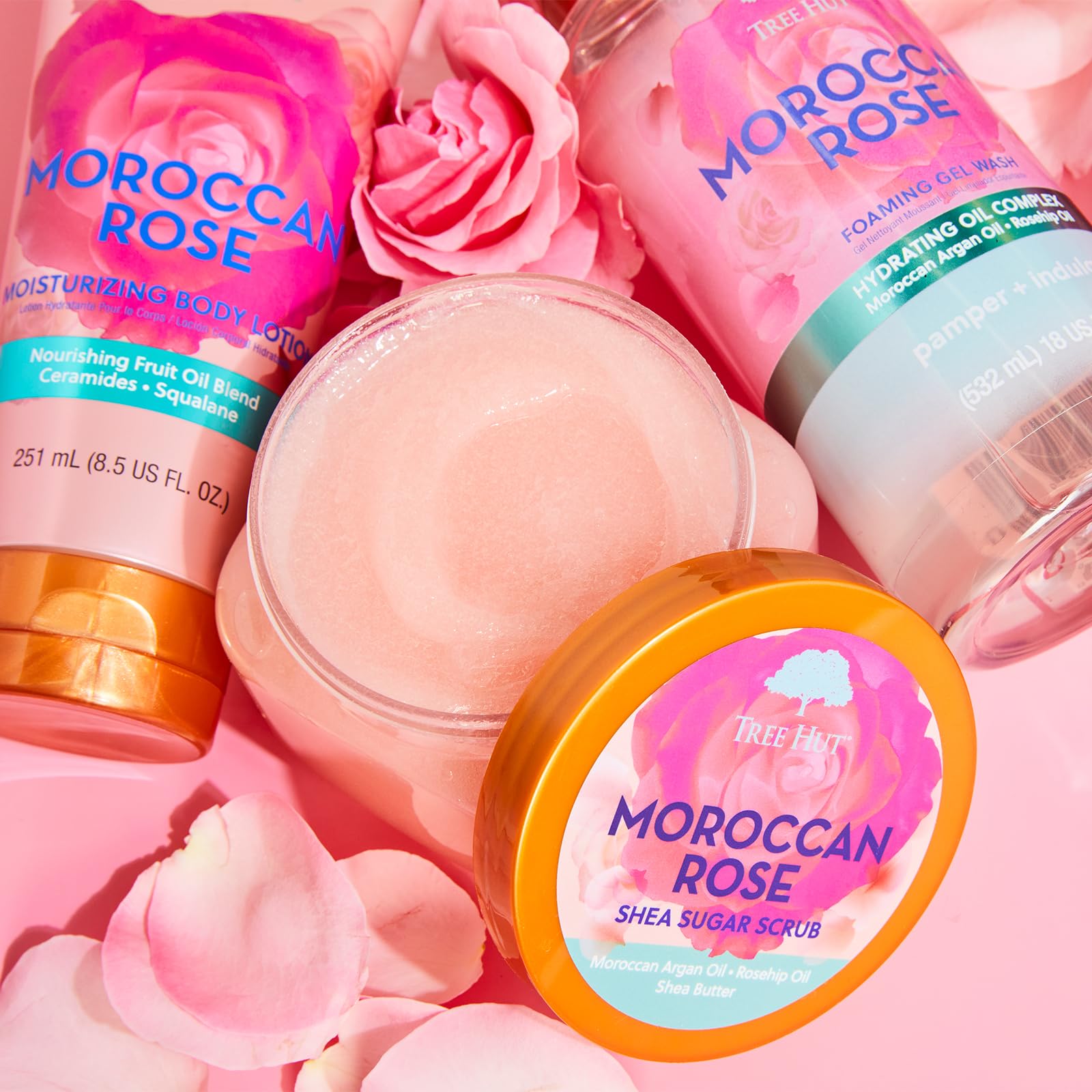 TREE HUT, Moroccan Rose Shea Sugar Scrub, Exfoliante Corporal de Azúcar Natural con Manteca de Karité y Esencia de Rosa Marroquí, Exfolia e Hidrata la Piel, 510 gramos