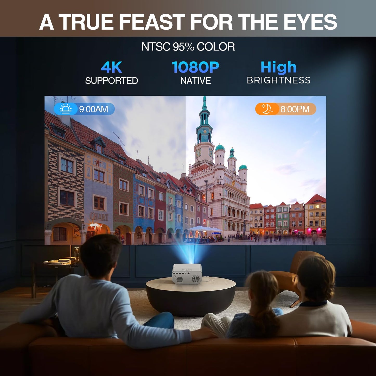 [AutoFocus/Soporte 4K] Proyector con WiFi y Bluetooth, Proyector de película para exteriores nativo 1080P con enfoque automático, 4P6D Keystone/50% Zoom/PPT, proyector portátil DBPOWER para iOS
