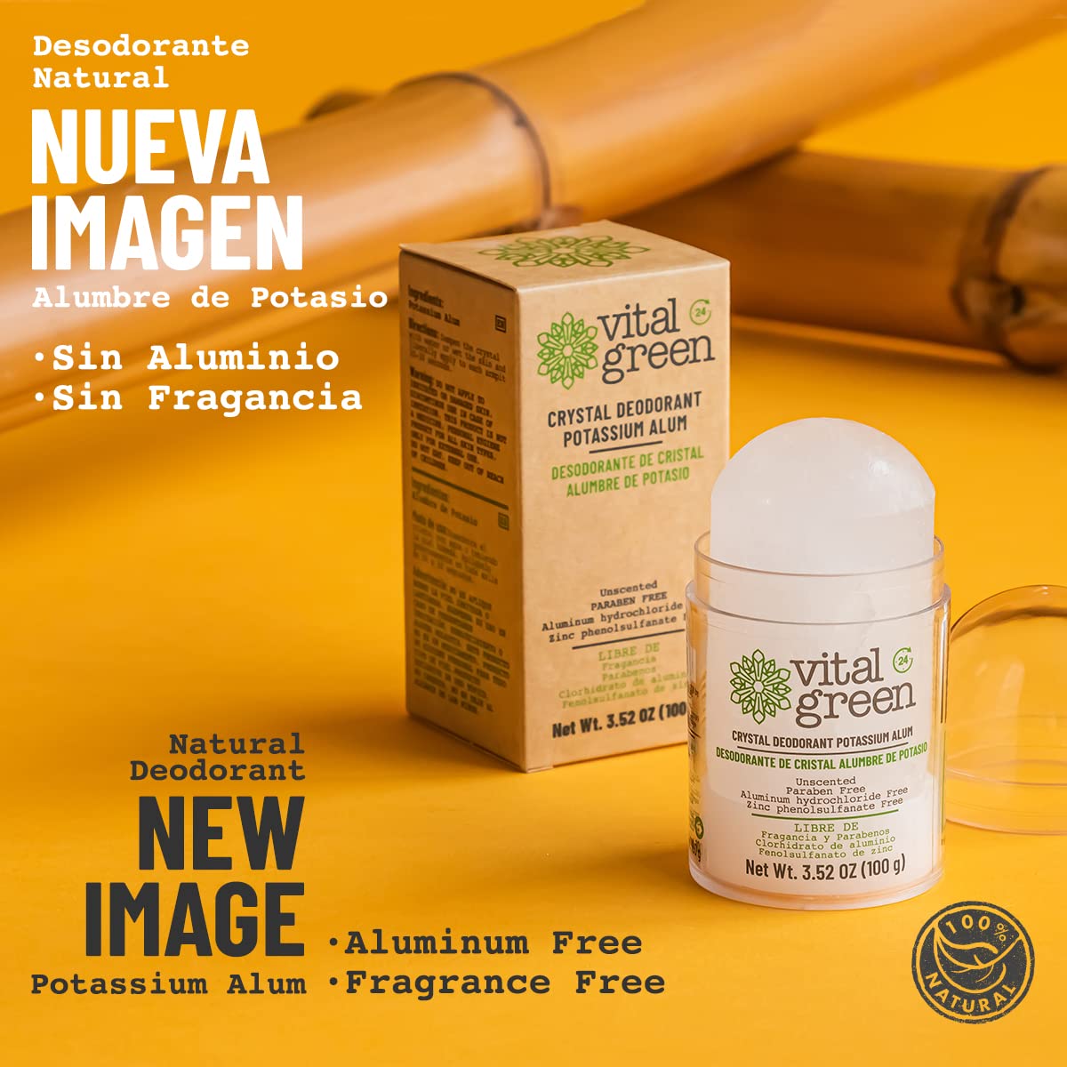 Vital Green - Desodorante Natural de Piedra Cristal de Alumbre de Potasio, Sin Parabenos y Sin Alcohol. Elimina El Olor y No Mancha, Presentación 100 g - 3.5 oz (1 Unidad)