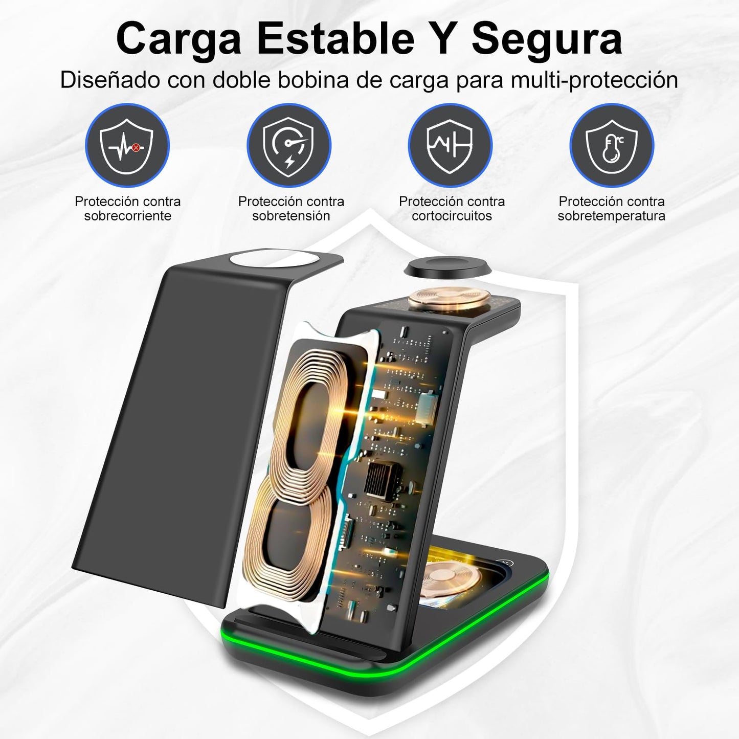 Lostrain Cargador Inalámbrico 3 en 1,Estación de Carga inalámbrica con 18W Qi Carga para iPhone 15/14/13/12/11/XR/XS/8,Huawei,Xiaomi,Airpods 3/2/Pro,Soporte de Carga con Multi-Protección