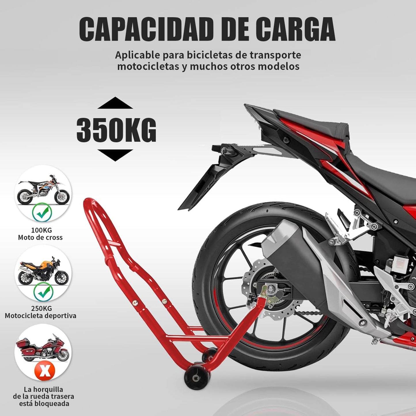 BOBOJIIIER Soporte Trasero para Motocicleta, Soporte de Elevación de Rueda Trasera, Moto Gato, Soporta Hasta 450 KG con Ruedas, Rojo, L