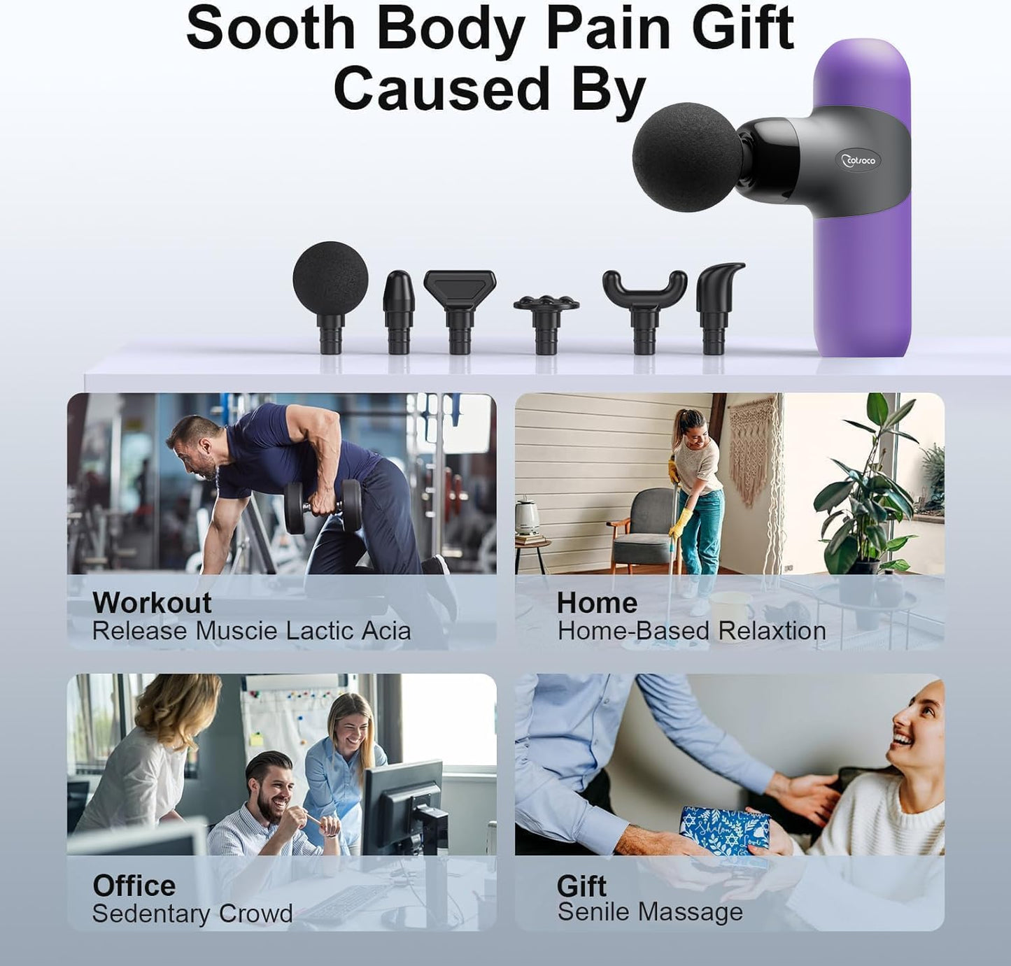 Mini Massage Gun,Percussion Deep Tissues Muscle Massager, Silicone Material Removable and Washable, Suitable for People with Hyperhidrosis, with 6 Massage Heads 4 Speeds, best gift for her/him-Purple