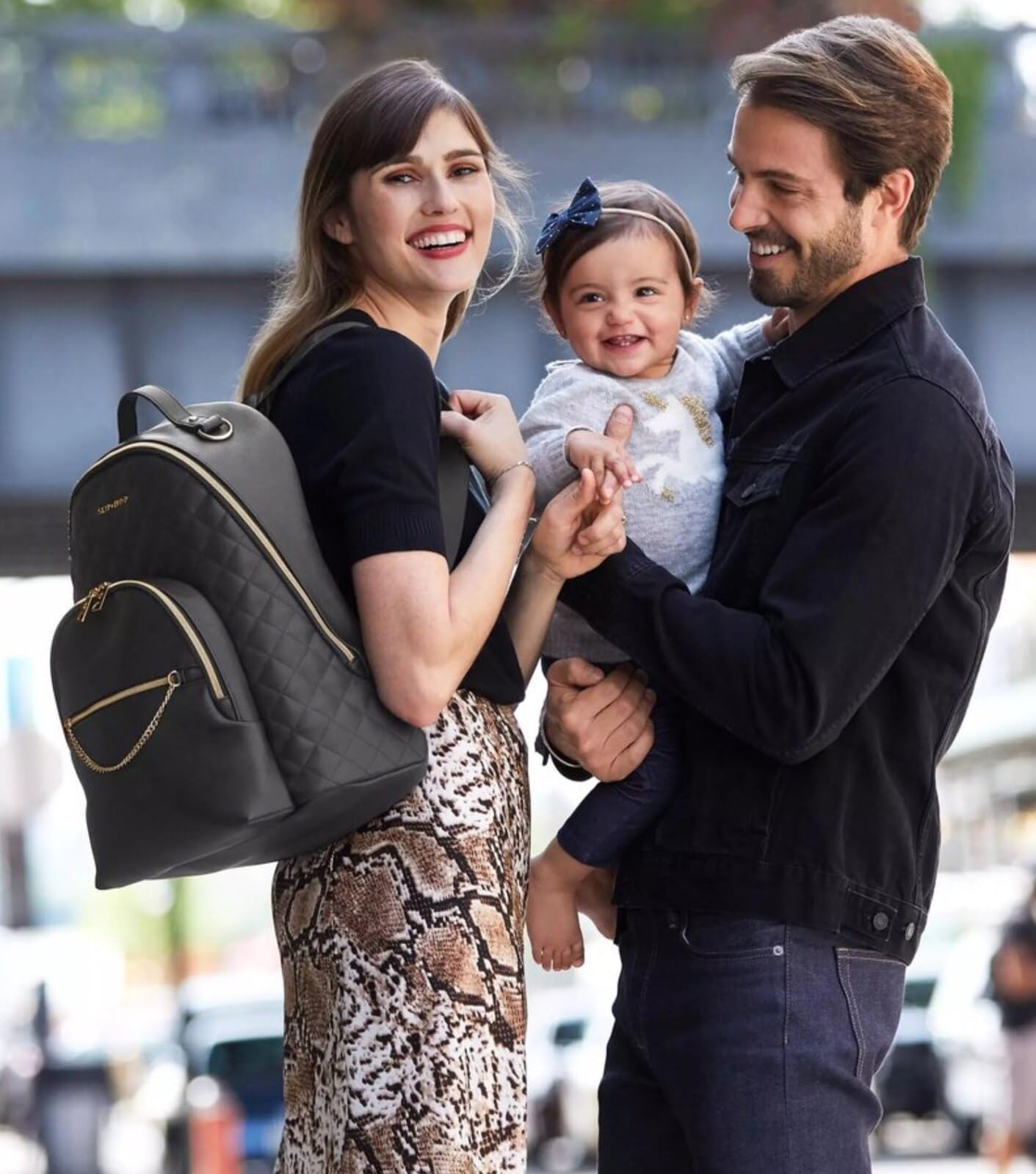 Skip Hop Bolso de pañales: cuero vegano efecto acolchado de lujo Linx con cambiador y accesorio para cochecito, negro