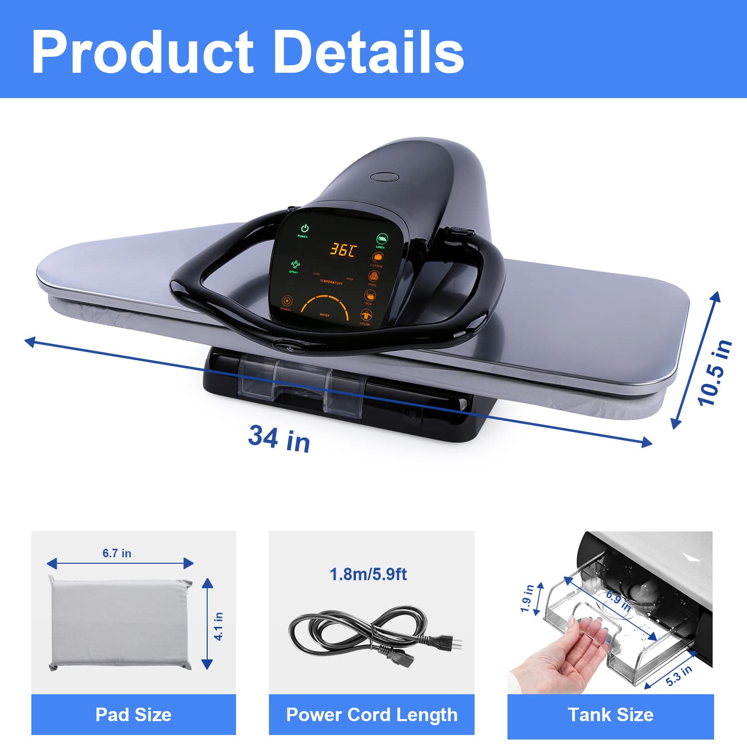 Prensa de Plancha de Vapor de 34 Pulgadas con Pantalla LED Táctil y 5 Ajustes de Tela