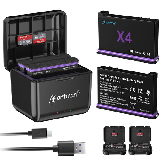 Artman Batería Insta 360 X4 para Insta360 X4, Baterías de Repuesto 360 X4 de 2500mAh y Estuche de Carga Rápida Tipo C de 3 Canales Compatible con Accesorios Insta360 X4 (2 Baterías + Estuche de Carga)
