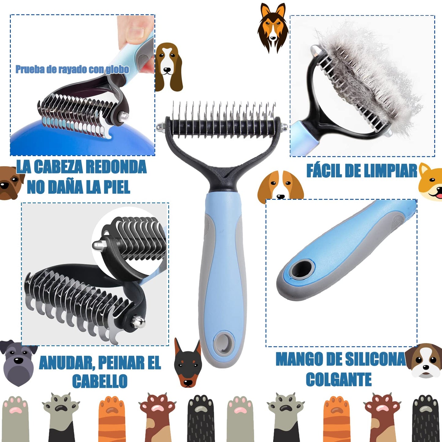 Cepillo para Perros y Gatos, 5 en 1 Herramientas de Aseo para Mascotas, Cepillos para Pelo Largo y Corto, Peine de Limpieza, Cepillo de Desprendimiento, Cortaúñas, Especializado para Depilación Masaje y Peinado, Azul