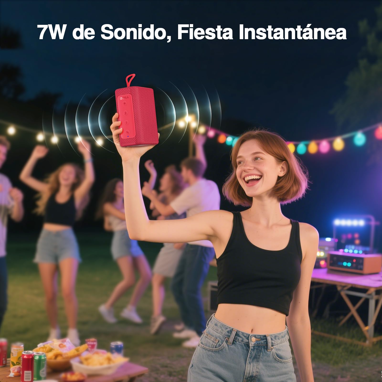 Bocina Bluetooth 7W Rojo con Sonido Estéreo TWS y USB C para Exteriores y Viajes