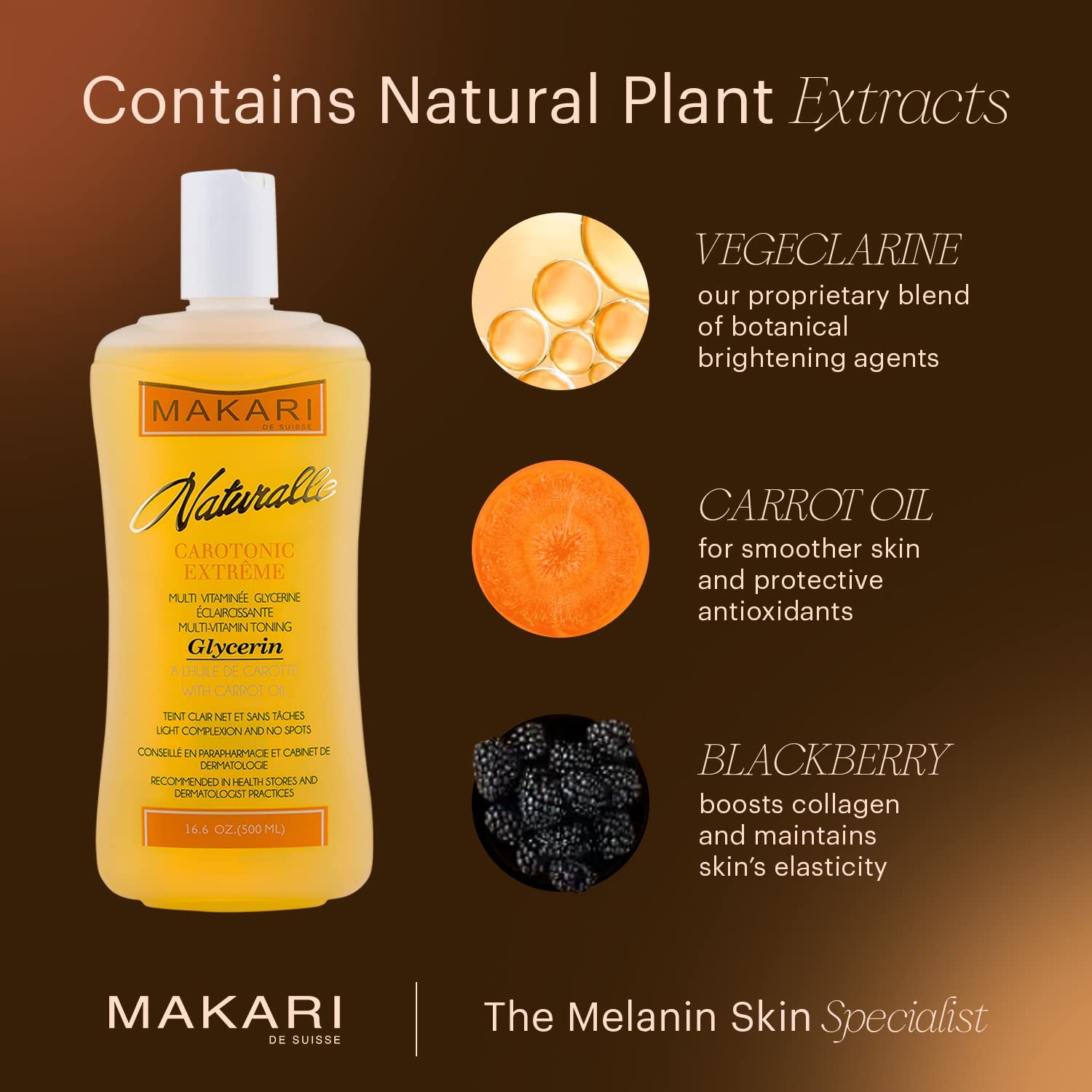 Makari Naturalle Carotonic Extreme Body GLYCERIN 16.6 oz – Reduce la hiperpigmentación, manchas oscuras, cicatrices y radicales libres – Hidrata, aclara y suaviza para una piel sana y brillante
