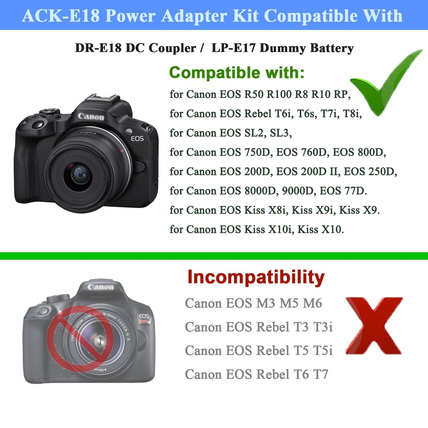 TKDY ACK-E18 AC Power Adapter Suppply DR-E18 DC Coupler Charger Kit for Canon EOS Rebel T6i T6s T7i T8i SL2 SL3 750D 760D 800D 850D 77D 200D 250D Kiss X8i X9i X10i 8000D 9000D RP Cameras.