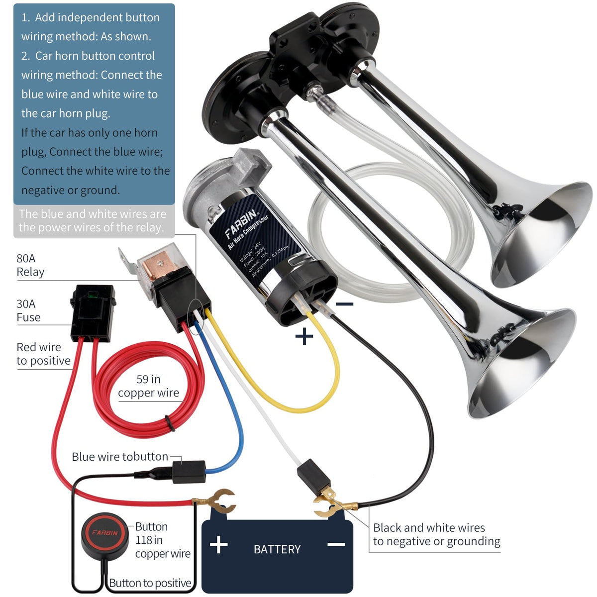 Bocina de Aire FARBIN Cromada con Compresor 24 V