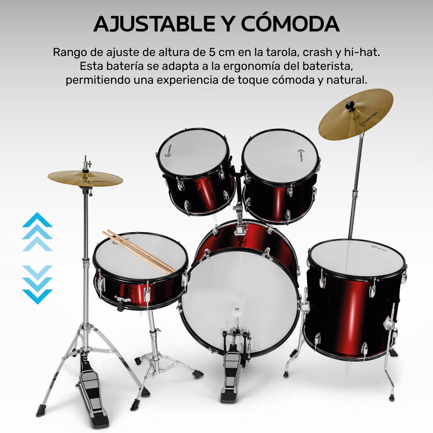 AUDIOTEK Bateria Acustica 5 Piezas Completo Platillos Atriles Bombo 23 Pulgadas Toms Redoblante Tambor de Piso Baquetas Incluidas Kit Musical Semi Profesional para Principiantes y Adultos (Rojo)