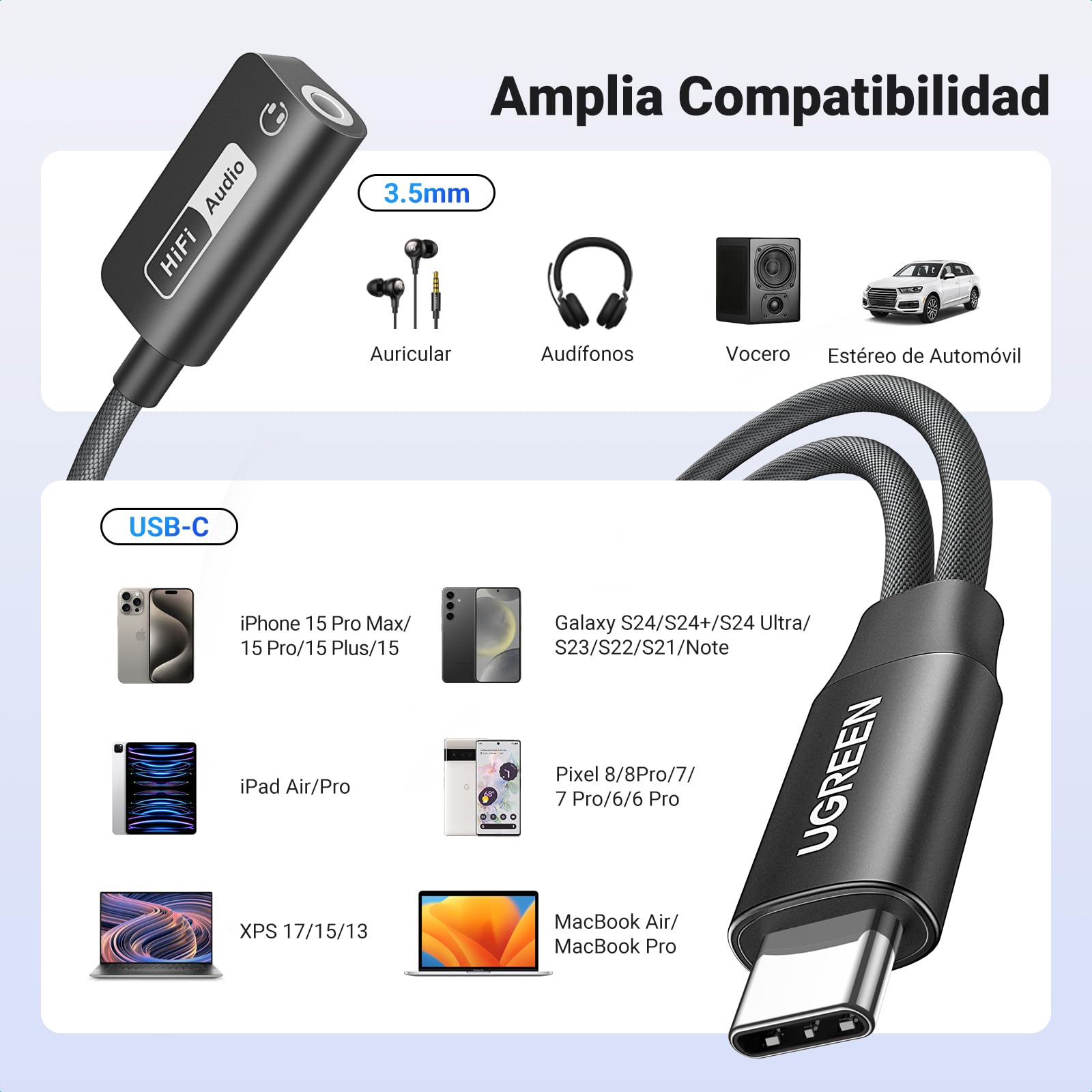 Adaptador USB C UGREEN 60W PD Magnético para Auriculares en Negro, Carga Rápida y Hi-Res 32bit/384kHz