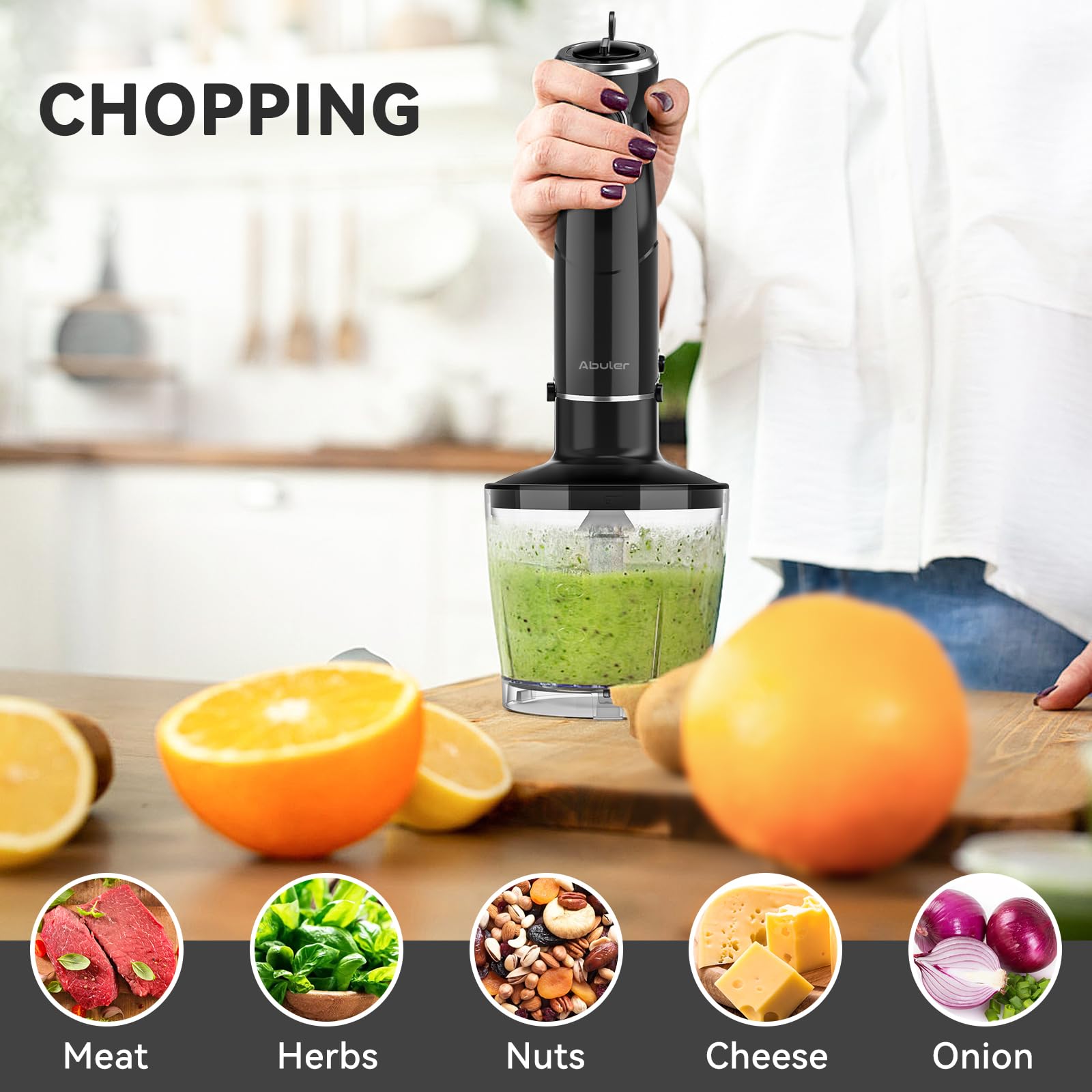 Batidora de mano de mano de 1000 W, mezclador de mano 5 en 1, sin BPA, licuadora de mano de 12 velocidades 304, acero inoxidable, mezclador, picador, batidor, espumador de leche, sopa, batidos,