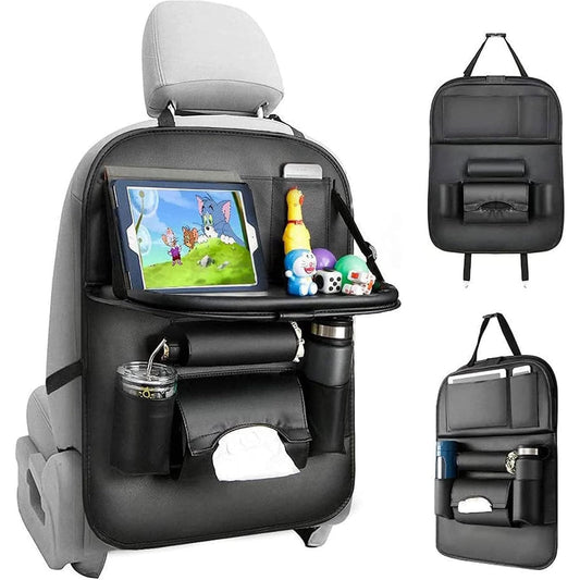 Organizador de Asiento Trasero Piel Sintética Negro con 7 Compartimentos y Mesa Plegable para Auto