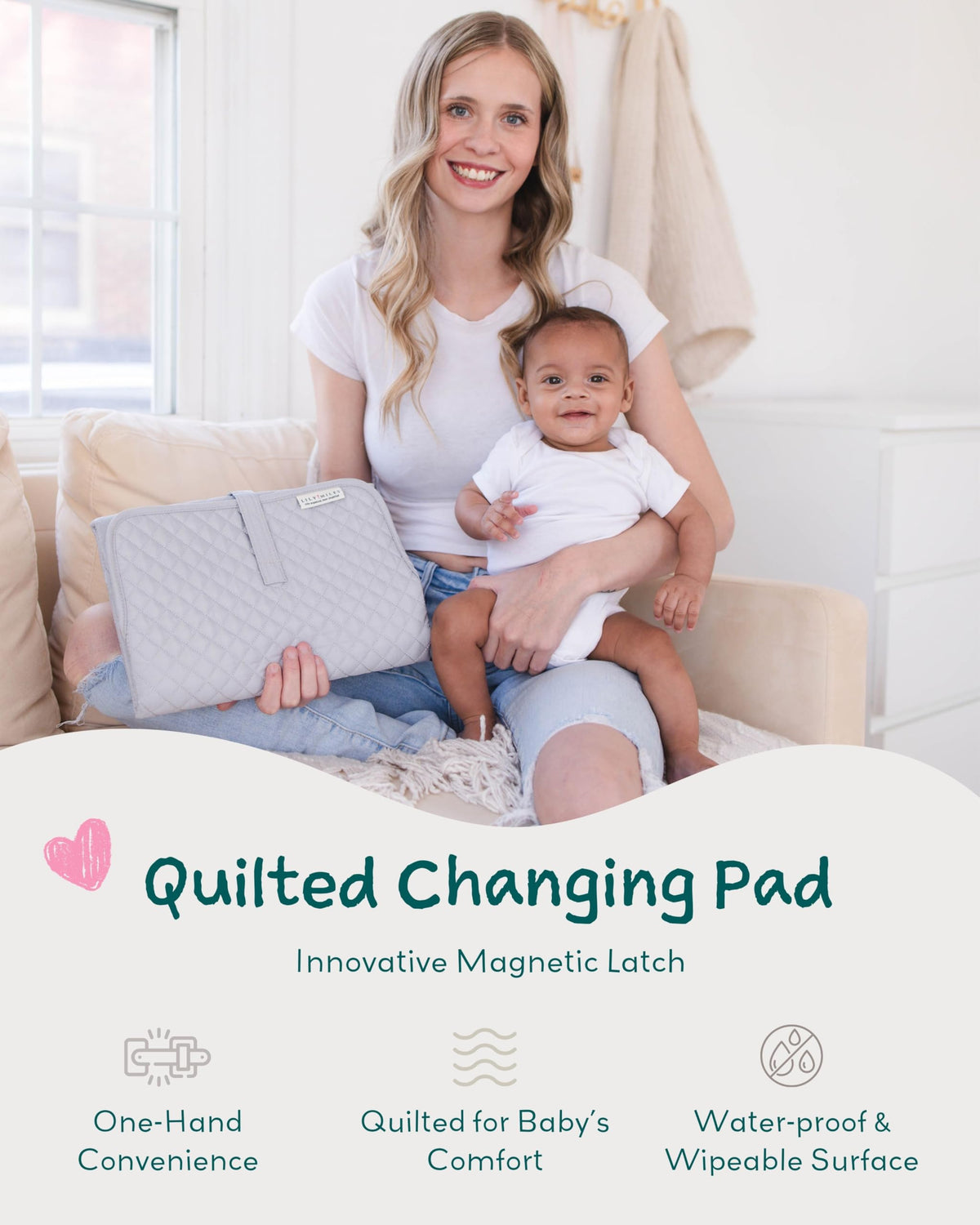 Lily Miles - Cambiador portátil para bebé, cambiador de pañales con cierres magnéticos, almohadilla de viaje para bolsa de pañales, esencial para bebé, tapete lavable e impermeable (gris jaspeado, L)