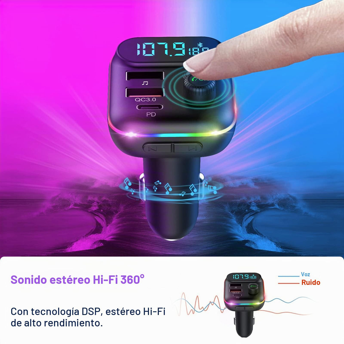 Transmisor FM Bluetooth 5.0 para Coche con Puertos USB Duales y Cargador Rápido PD+QC3.0, Micrófono Mejorado