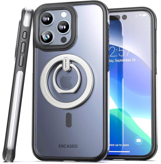Funda iPhone 15 Pro MAX Encased Transparente Negro con Anillo y Soporte Magnético Antigolpes