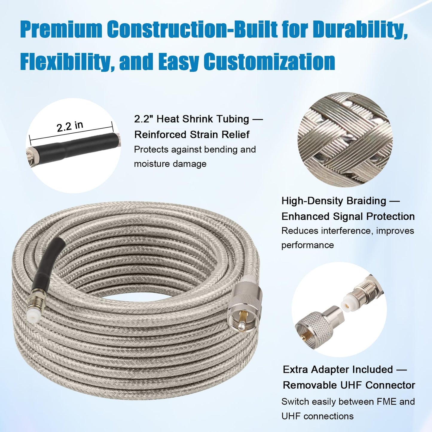 Cable coaxial CB de 8 pies, RG8X FME hembra a UHF PL-259 macho con adaptador FME macho a PL-259, cable coaxial RF de baja pérdida para antena, radio CB, radio jamón, marina, móvil y sistemas GPS