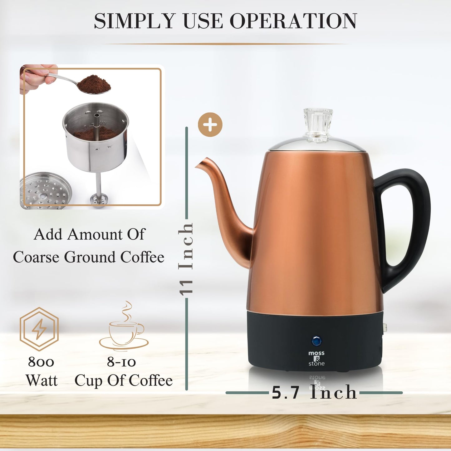 Cafetera eléctrica Moss & Stone de acero inoxidable para 10 tazas, cafetera eléctrica con función de mantener caliente, cafetera eléctrica de acero inoxidable para 10 tazas con cesta para café