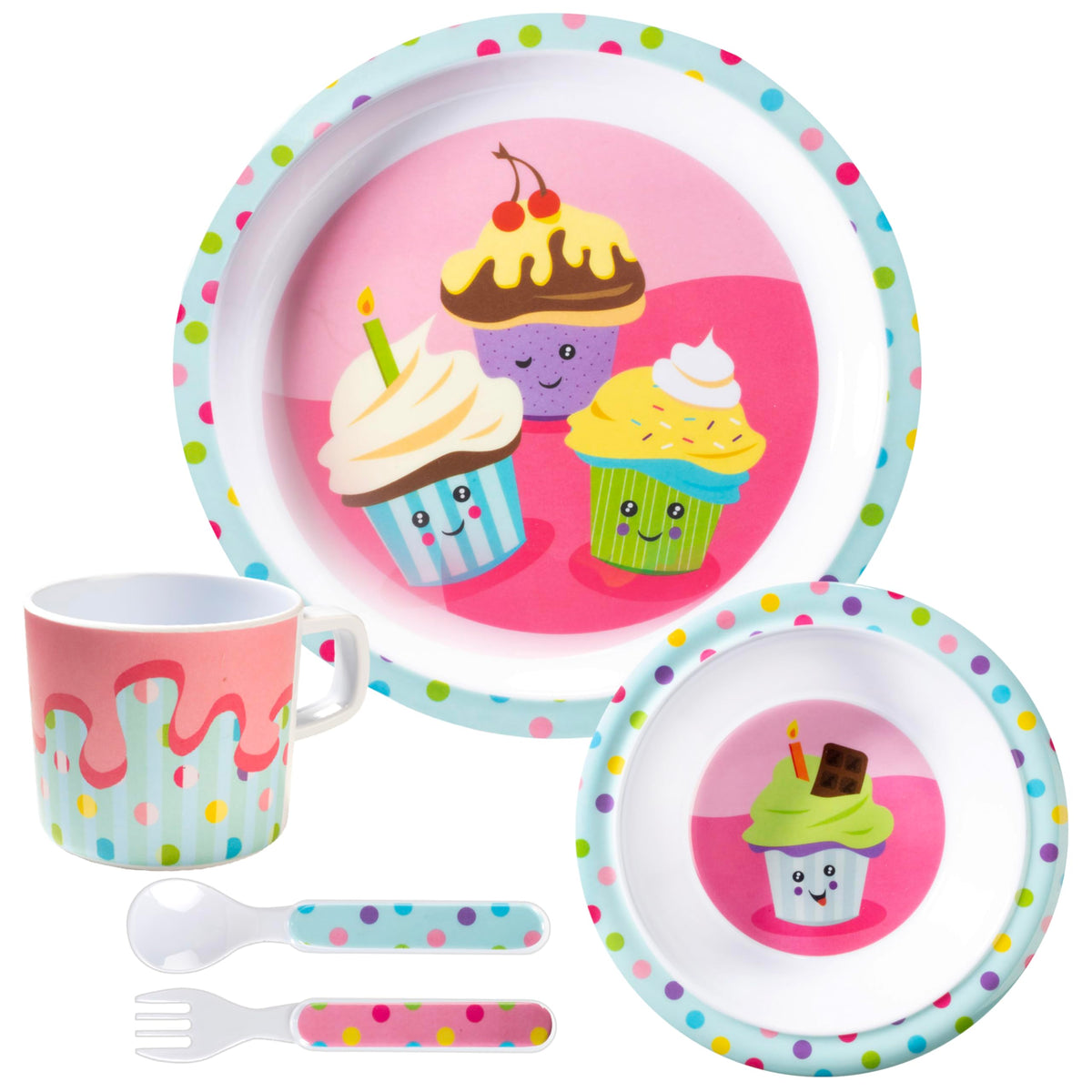 Juego de 5 piezas de alimentación para niños y niños pequeños – Cupcake – Incluye plato, tazón, taza, tenedor y cuchara, utensilios de cubiertos – Duradero, apto para lavaplatos, última intervensión