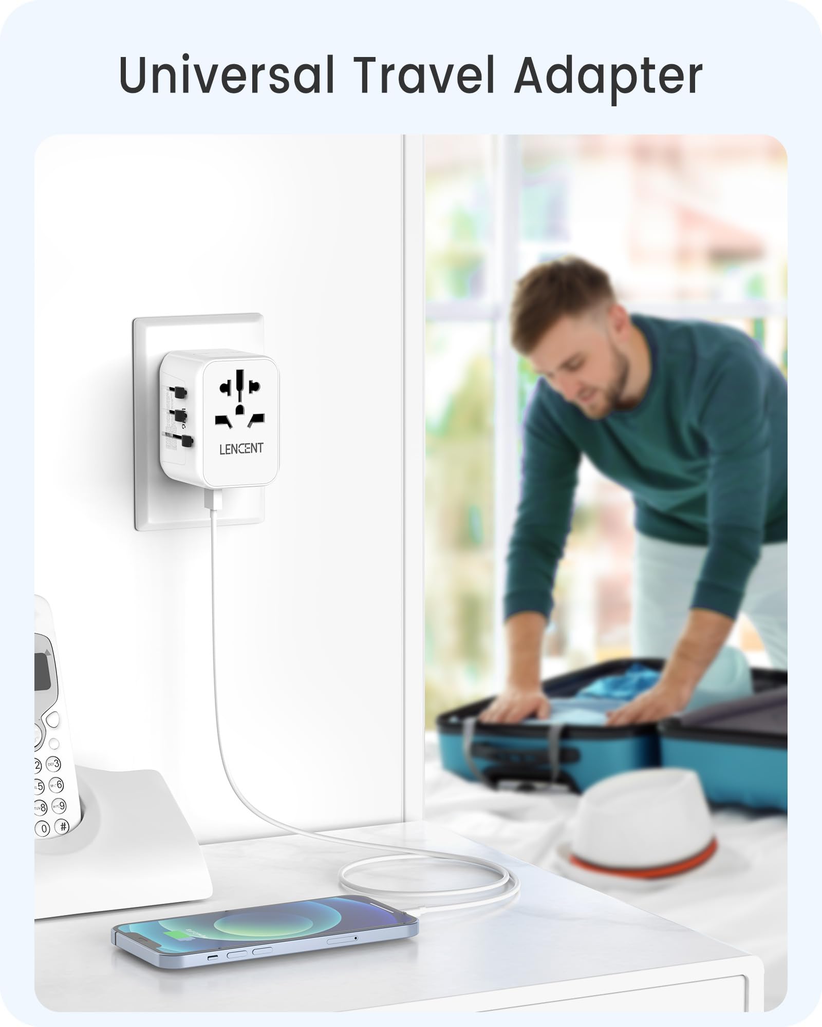 LENCENT Adaptador Universal de Viaje, Cargador Universal con 2 Puertos USB y 3 USB-C Carga Rápida PD 30W, Adaptador Internacional Enchufe Tipo A/C/G/I para USA, Reino Unido, Europa, Australia, Blanco