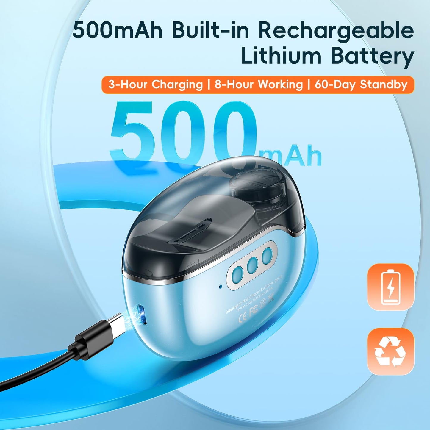 Blissleaf Cortaúñas eléctrico, lima de uñas eléctrica segura y fácil de usar, kit de cortaúñas para bebés y niños pequeños, con luz LED y estuche (azul)