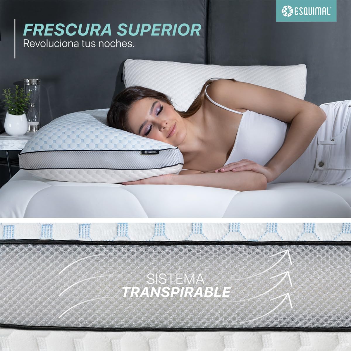 Almohada ESQUIMAL Bamboo Memory Foam con Gel Hipoalergénica Transpirable Ajustable Estándar
