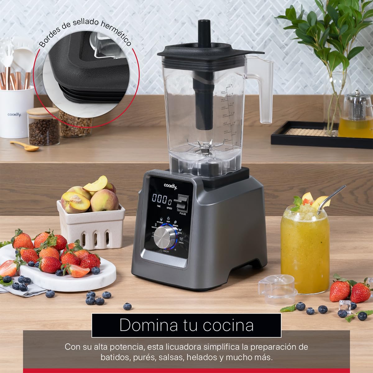 Cookify Licuadora Profesional de Alto Poder con Pantalla Digital y Temporizador, Uso Rudo, Vaso 1.6 Lts. (PB005)