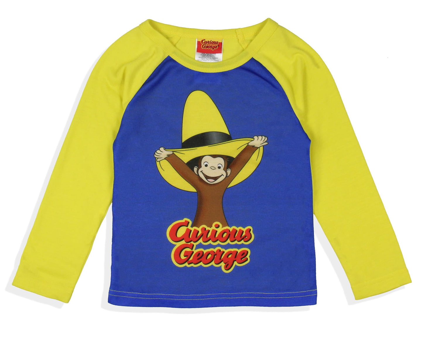 INTIMO Conjunto de pijama de 2 piezas para niños pequeños con manga larga y pantalón largo estilo raglán de Curious George Big Yellow Hat para niños y niñas, talla 4T