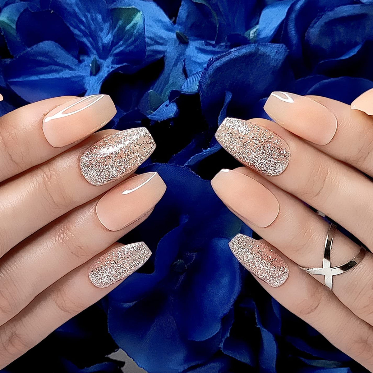 Hypnaughty 24 Pcs Nude Ballerina Press On Nails with Glue Medium Short Length Fake Nails with Glitter Design Glossy Acrylic Press On Nails Full Cover (Nude)