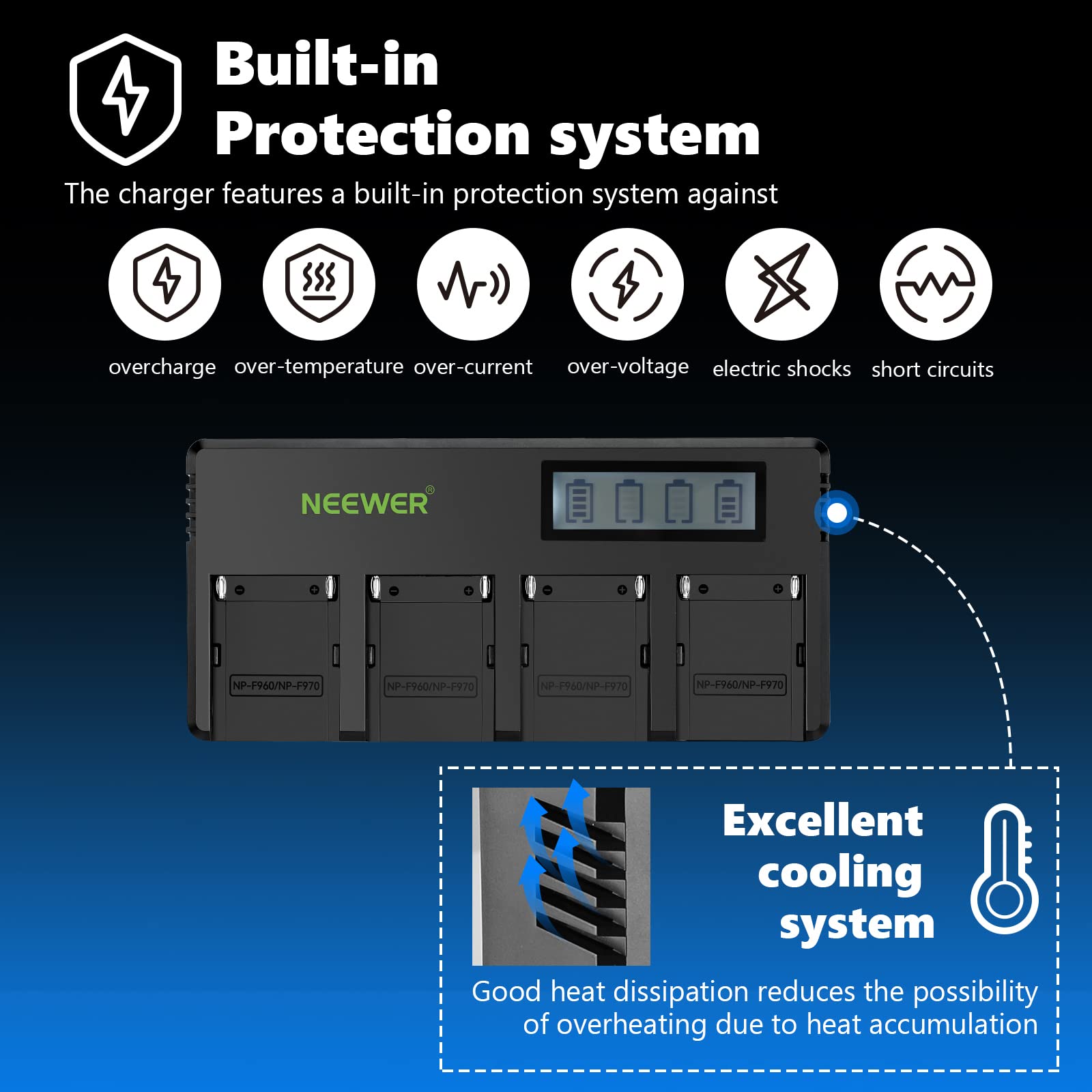 Baterías de Repuesto NEEWER Negras 6600mAh con Cargador de 4 Canales y Adaptador de Corriente para Monitor de Campo y Luz de Vídeo