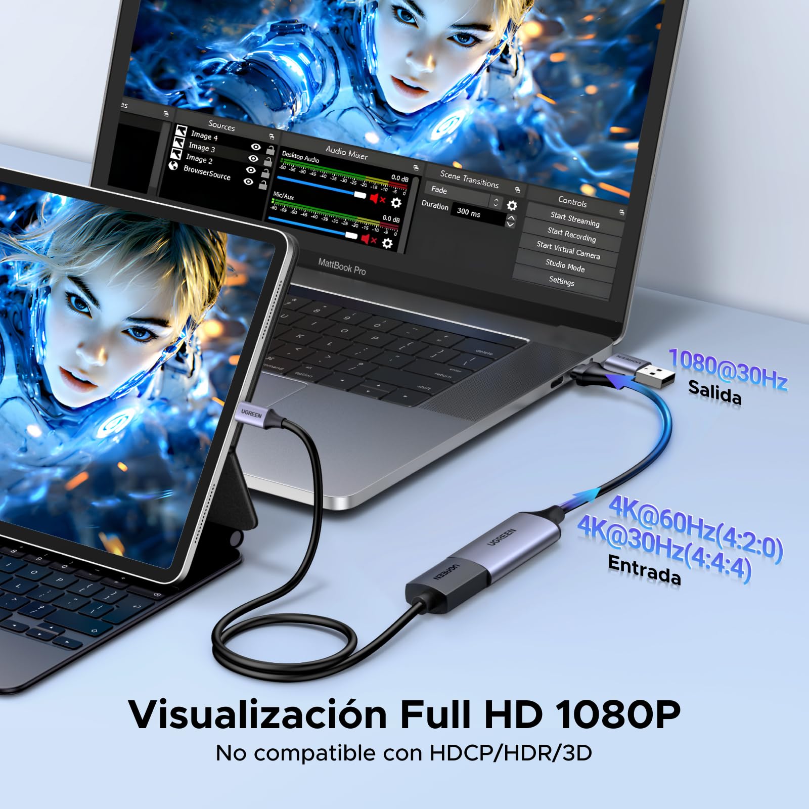 UGREEN Capturadora de Video HDMI a USB-A/C Unidireccional, Full HD 1080p@30Hz USB 2.0 Captura para Streaming, Conferencias, No Compatible con TV o Proyecto