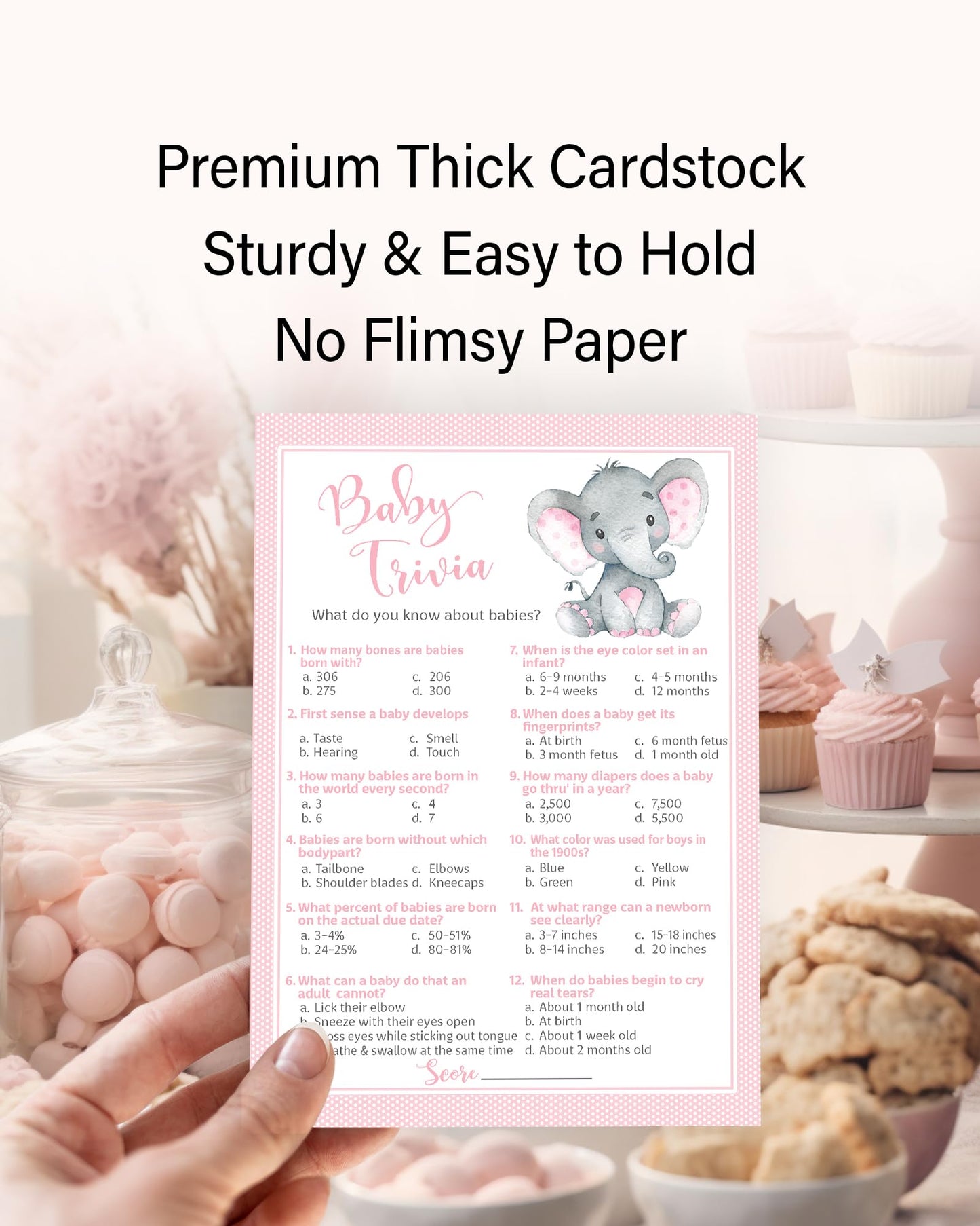Pink Elephant Baby Shower Games - Juego Baby TRIVIA - Paquete de 25 - Actividad de ducha para niñas, diseño de elefante rosa para bebés, fiesta de revelación de género G500-TRV