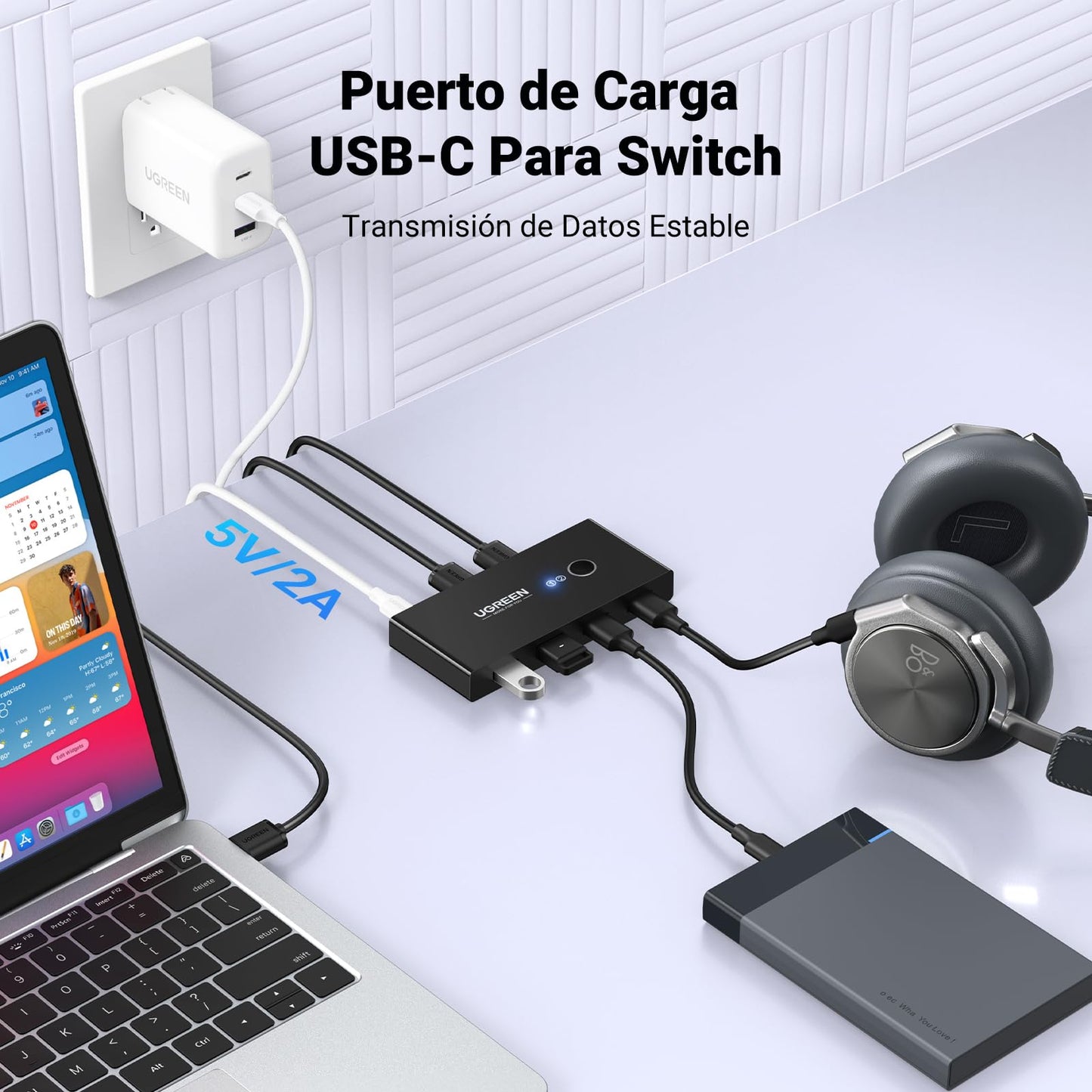 Selector USB 2.0 UGREEN Negro 2 Entradas 4 Salidas para Compartir Dispositivos