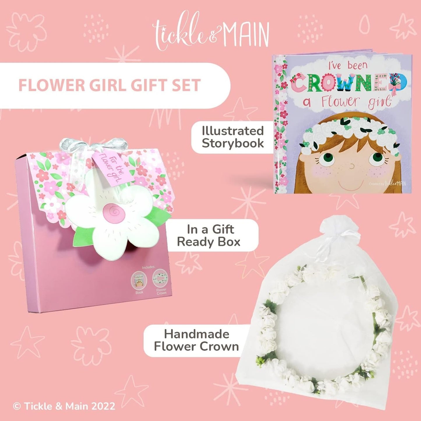 Tickle & Main Flower Girl - Juego de regalo para niña de flores, libro con diadema de corona floral en una adorable caja de regalo