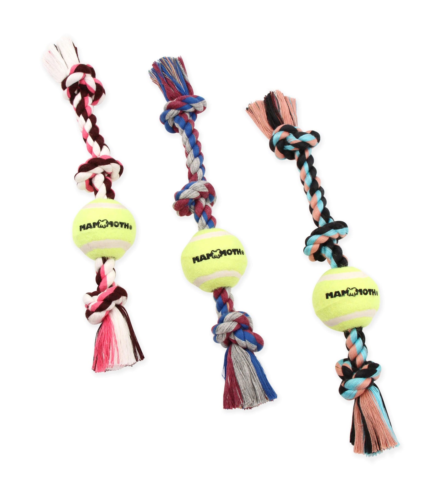 Mammoth Flossy Chews Color 3-Knot Tug with Tennis Ball, Pequeño