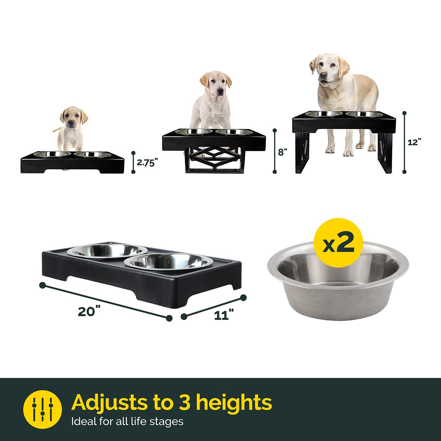 Cuencos Elevados Ajustables Pet Zone Acero Inoxidable para Perros Grandes, Medianos y Pequeños