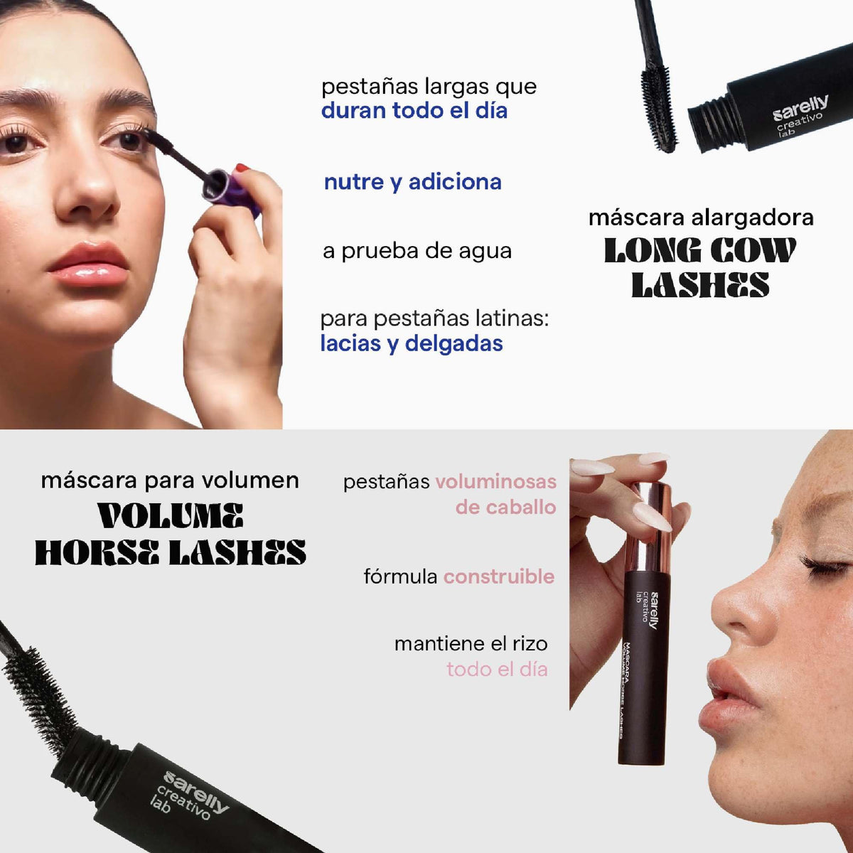 SARELLY, Kit de 2 Máscaras de Pestañas, Alargadora + Volumen, Waterproof, Sarelly Creativo Lab, 10 gr cada una