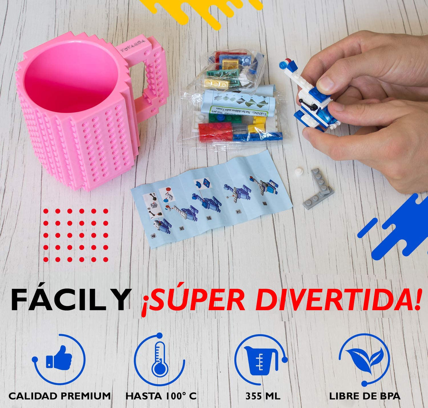 John & John Taza armable de diseño Divertido para Ladrillos, Incluye un muñeco y 2 Sets de Bloques de construcción para Jugar (10 Colores) - Rosa Claro